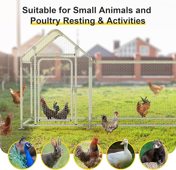 Metal Chicken Coop, Walk-in Chicken Run with Waterproof & Anti-UV Cover Poultry Cage Spire Roof with Lockable Door Chicken Hen House for Duck Rabbit Outdoor Farm
