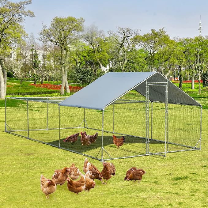 Giantex 20ft Large Metal Chicken Coop, Walk-in Chicken Run Poultry Cage, Waterproof and Sun-Proof Cover, Galvanized Steel Frame, Hen Duck Rabbit House Outdoor Farm Yard (20 x 10 ft, Half Spire)