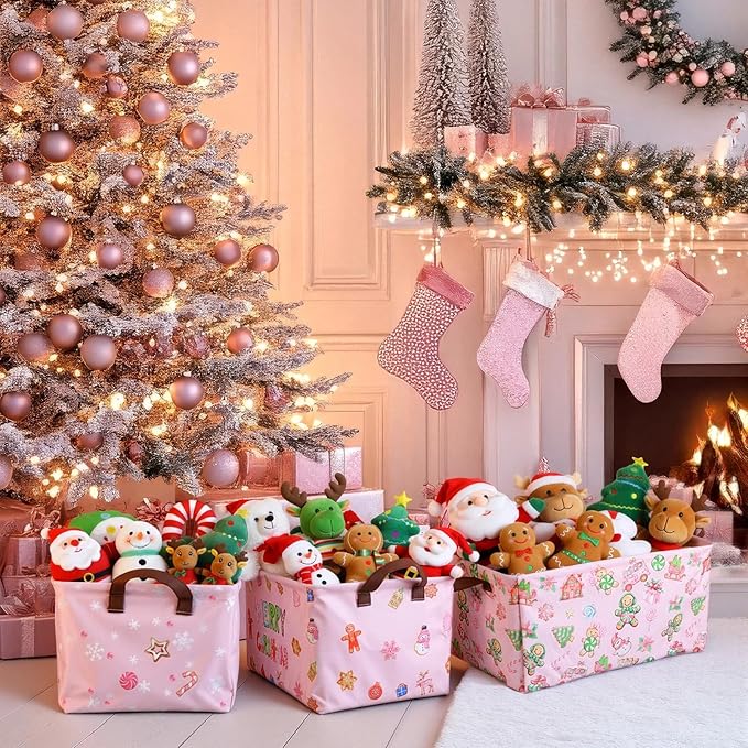 CHENGU 6 Pack Christmas Storage Basket Pink Collapsible Christmas Basket for Gifts Gingerbread Man Holiday Decor Large Gingerbread House Bin Foldable Xmas Tree Box with Handle for Bedroom Office Home