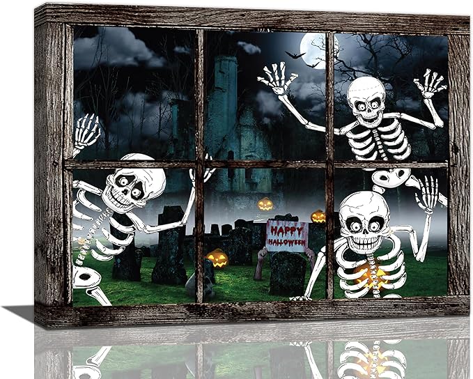Halloween Wall Art Skeleton Pictures Wall Decor Skull Canvas Prints Framed Artwork Gothic Ghost Home Decor Office Decorations for Bathroom Living Room Bedroom Dinning Room 16"x12"