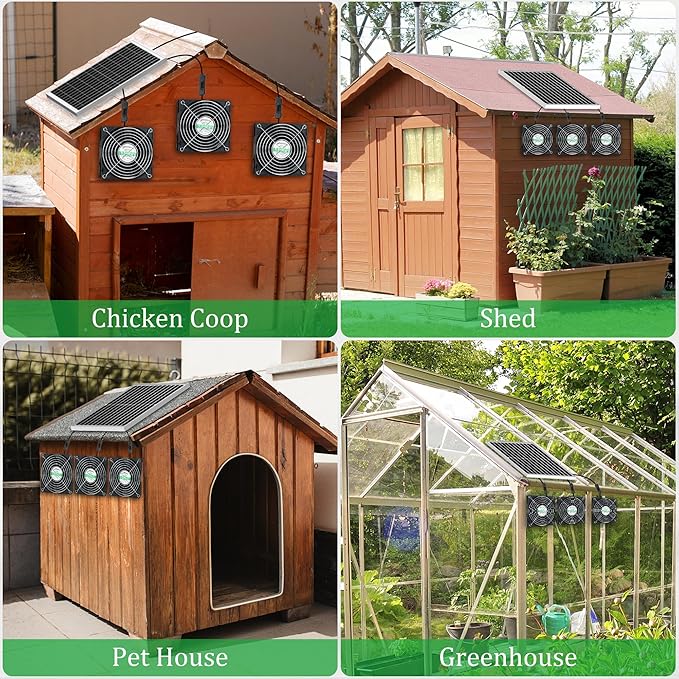 Solar 3 Fan Kit for Intake or Exhaust air, Weatherproofed Solar Powered Fans for Outside Chicken Coops, Greenhouses, Shed, Pet House Air Ventilation