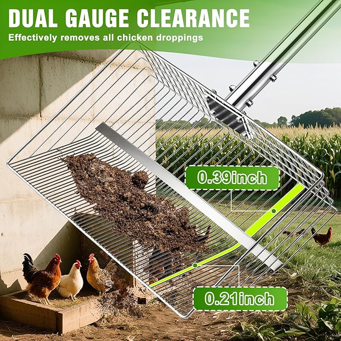 15-inch Large Chicken Poop Scooper, Heavy Duty Adjustable Chicken Coop Scoop for Sand with Ergonomic Grip,5-in-1 Heavy Duty Adjustable Metal Chicken Coop Scoop with 24 to 68"