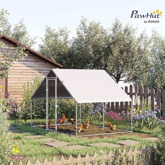 PawHut Large Chicken Coop Metal Chicken Run with Waterproof and Anti-UV Cover, Spire Shaped Walk in Fence Cage Hen House for Outdoor and Yard Farm Use, 1" Tube Diameter, 9.8' x 6.6' x 6.6'