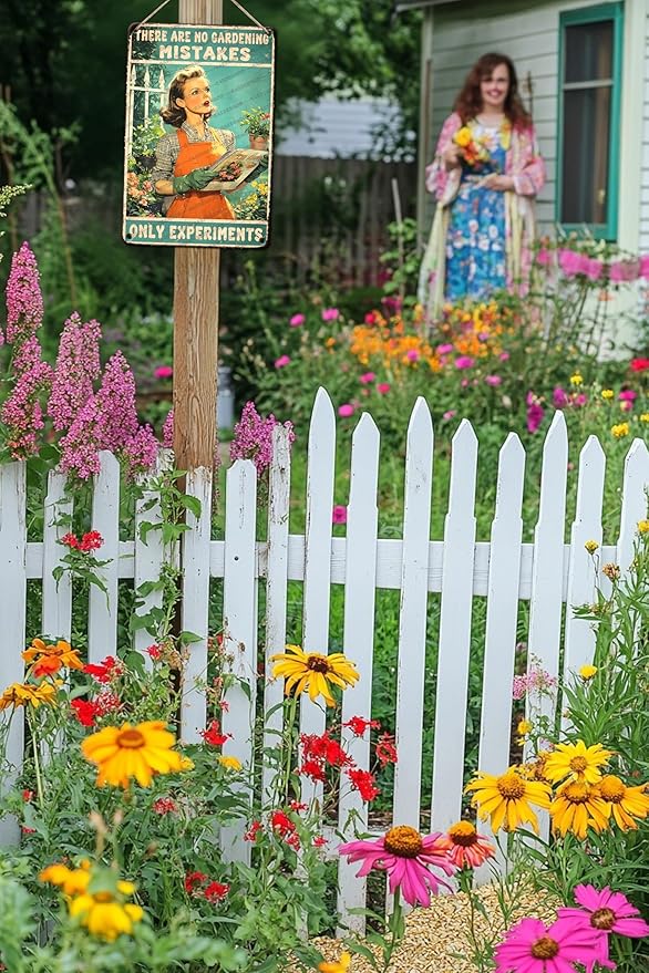 Vintage Garden Metal Sign Gardener Gardening Girl Poster There Are No Gardening Mistakes Only Experiments Metal Poster Garden Home Art Wall Decor 12x8 Inch