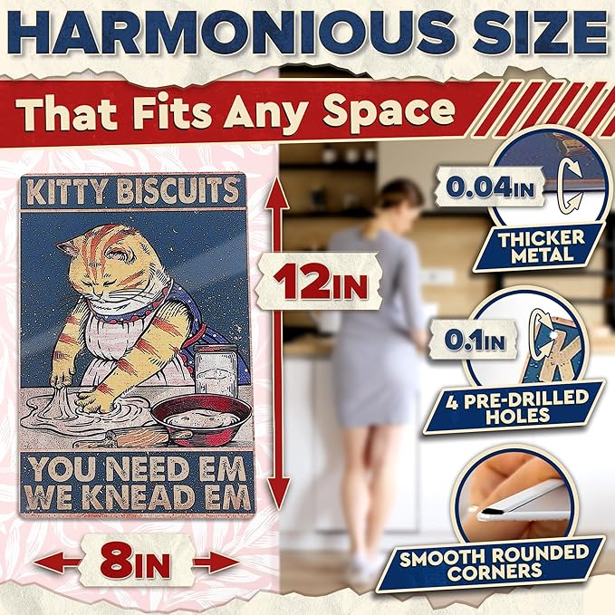 Kitty Biscuits Metal Sign - 8x12" Cat Signs Home Decor for Kitchen, Bedroom & Living Room, Funny Cat Decor, Great for Home and Commercial Spaces, Great as Charming Valentines Day Gifts for Cat Lovers