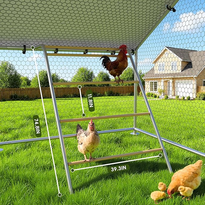 Large Metal Chicken Coop with Roosting Perch Walk-in Poultry Cage Chicken Run Duck House Chicken Pen Spire Shaped Coop with Waterproof Cover for Outdoor Backyard Farm Use(10' L x 19.7' W x 6.4' H)