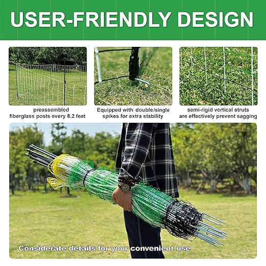 Premium Electric Semi-Rigid Fence Netting 35.4"H x(65.6'L+ 98.42'L), Pre-Assembled Posts Raised to 47.2"H, Can Add Additional Polywire to Ensure Safety
