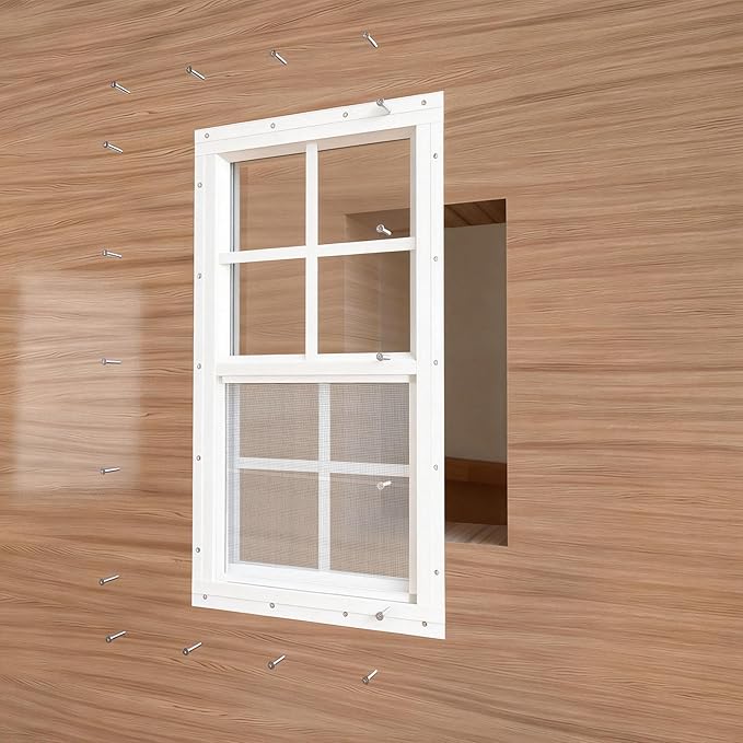 Yuzzy Shed Windows 2 Pack, Chicken Coop Windows 24" x 30" with Tempered Glass and Fiberglass Screen, Flush Mounted Small Window for Shed, Barns, Playhouse, Household, Garage (White)