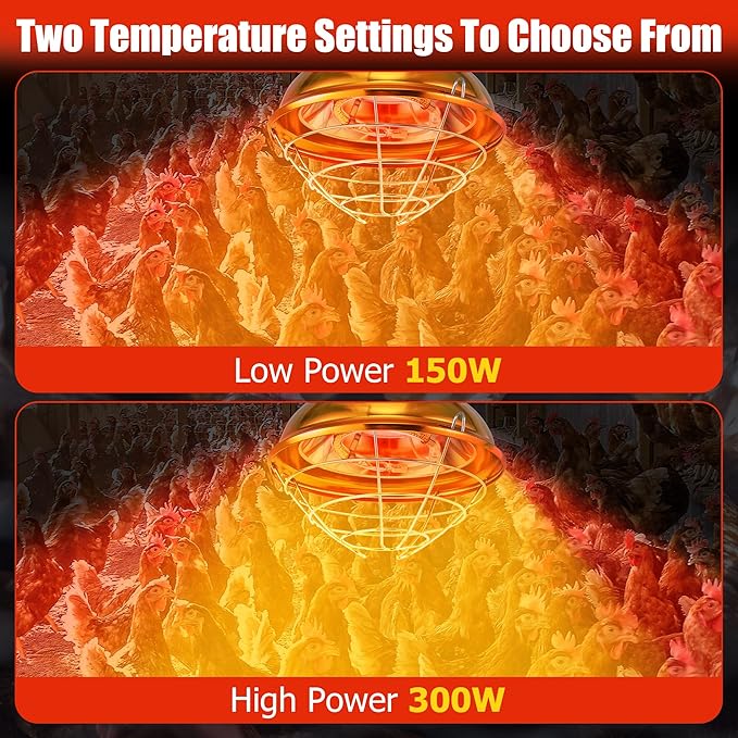 300 Watt Chicken Coop Heater, Dual-Temperature Heat Lamp for Poultry with Carbon Fiber Heating, Adjustable Hanging Height & Waterproof Design for Quail, Ducks, Rabbits, Pets Indoor Outdoor Use