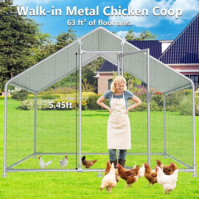 HITTITE Large Metal Chicken Coop with Run, 9.84 x 6.4 x 6.56 ft Walk in Poultry Cage Chicken Run Pen, Outdoor Chicken Runs for Yard with Waterproof & Anti-UV Cover