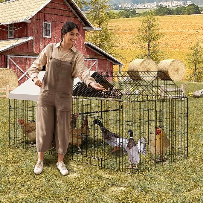 Garvee Metal Chicken Coop with Waterproof & Anti-UV Cover, Portable Chicken Run for Yard, Poultry Cage Hen House for Backyard Farm Use, 86 in L x 40 in W x 40 in H