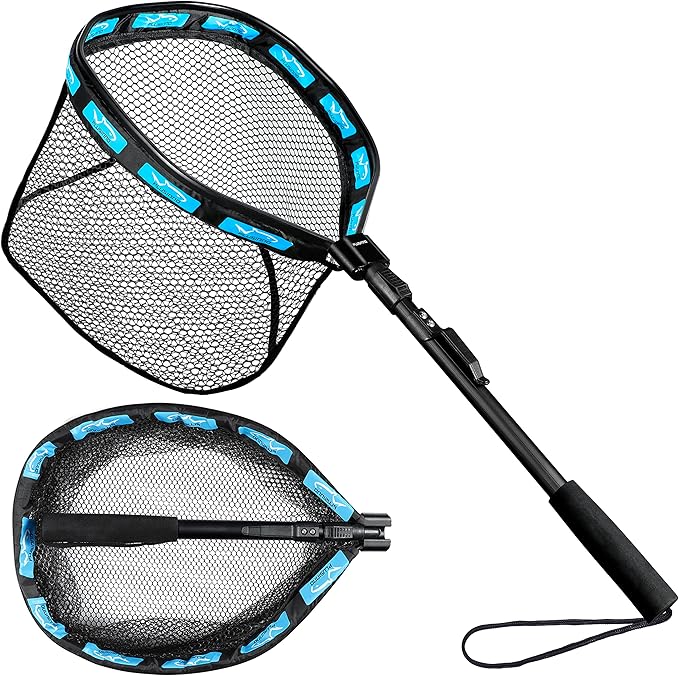 PLUSINNO Fishing Net Fish Floating Landing Net, Kayak Nets with Fixed Foldable Telescopic Pole Handle, Bass Trout Fishing Nets with Nylon Mesh for Pond Lake River, Fishing Gear Gifts for Men Anglers