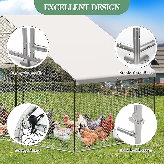 Large Metal Chicken Coop with Waterproof Cover, 10 x6.5 x 6.5 Ft Walk-in Chicken Runs for Yard, Galvanized Wire Poultry Chickens Hen Pen Cage for Backyard Farm