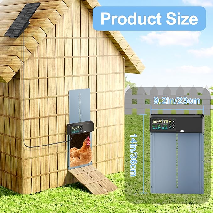Automatic Chicken Coop Door Solar Powered with Programmable Remote, 4 Modes Combo Light and Timer Aluminum Chicken Door with LCD Color Display