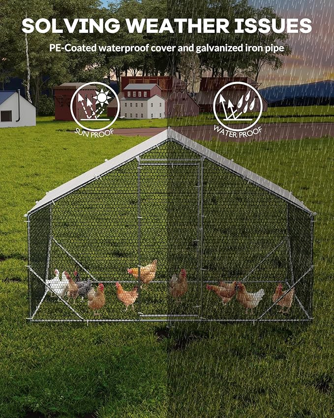 Heavy Duty Large Metal Chicken Coop for Hens –Walk-in Poultry Cage with Waterproof UV-Resistant Cover ＆ Reinforcing Ribs, Ventilated Peaked Roof Outdoor Hen House for Backyard, 9.8'Wx19.7'Lx6.6'H