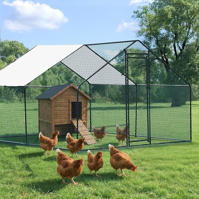 VINGLI Large Metal Chicken Coop, 9.8x9.8x6.5 ft Poultry Cage for Chicken Run, Walk-in Chicken Pen with Waterproof & Anti-UV Cover for Yard Outdoor (Black-Spire Roof)