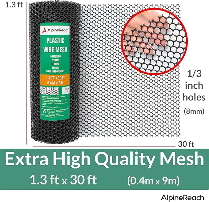 AlpineReach Plastic Wire Mesh 1.3ft x 30ft Fence Roll with Zip Ties - Ideal for Poultry, Dogs, Rabbit Barrier & Gardening, Durable Chicken Mesh, Versatile Rigid Fencing & Netting, Black (15.7" x 360")