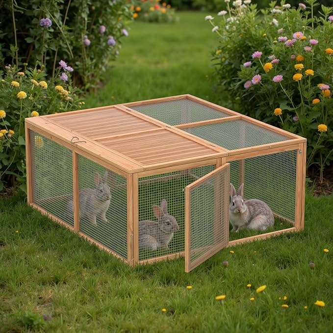 GOJOOASIS Wooden Chicken Coop Pen Folding Rabbit Run Portable Chicken Cages for Outside Chicken Enclosure Outdoor Duck Coop with 2 Accesses & Ventilating Wire for Garden Backyard (Wood)
