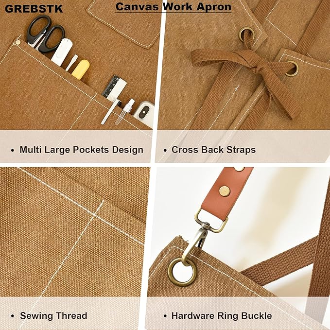 GREBSTK Work Apron Cross Back Adjustable Canvas Tool Apron for Woodworking, Gardening, Cooking