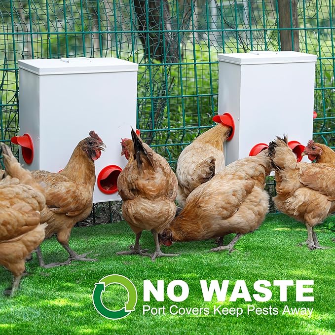 Solution4Patio 2Sets Metal Chicken Feeder, 15-20Lbs Automatic Gravity Hanging Chicken Feeder with Waterproof Lid, Heavy-Duty Hanging Design & Waste-Free Tray for Outdoor Chicken/Ducks