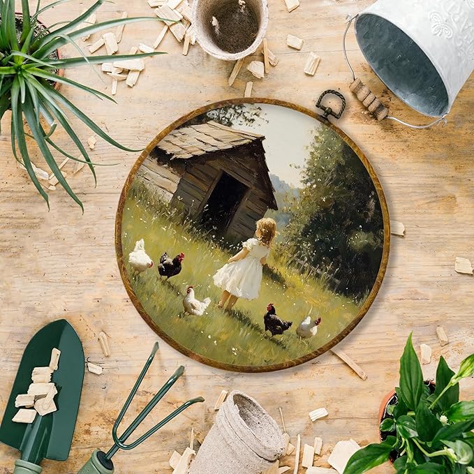 Hiuwevt Farmhouse Round Wall Art Decor, Rustic Farm Scene Little Girl With Chickens Framed Canvas Prints, Cottagecore Countryside Round Wall Hanging Decor for Bedroom Home Decorations, 10x10 Inches