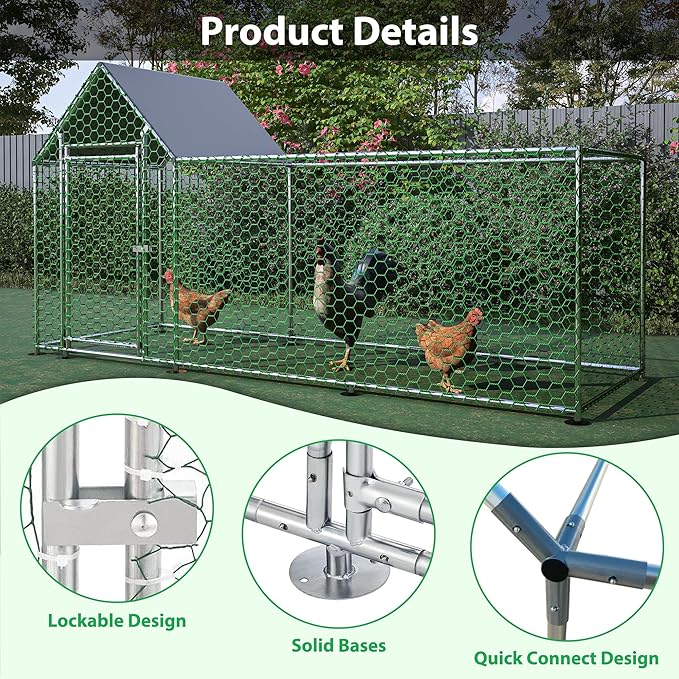Metal Chicken Coop with Waterproof Cover, 10x3x5ft Chicken Run for Yard, Outdoor Backyard Farm Walk-in Hen House, Chickens Poultry Cage for Ducks, Rabbits and Small Pets