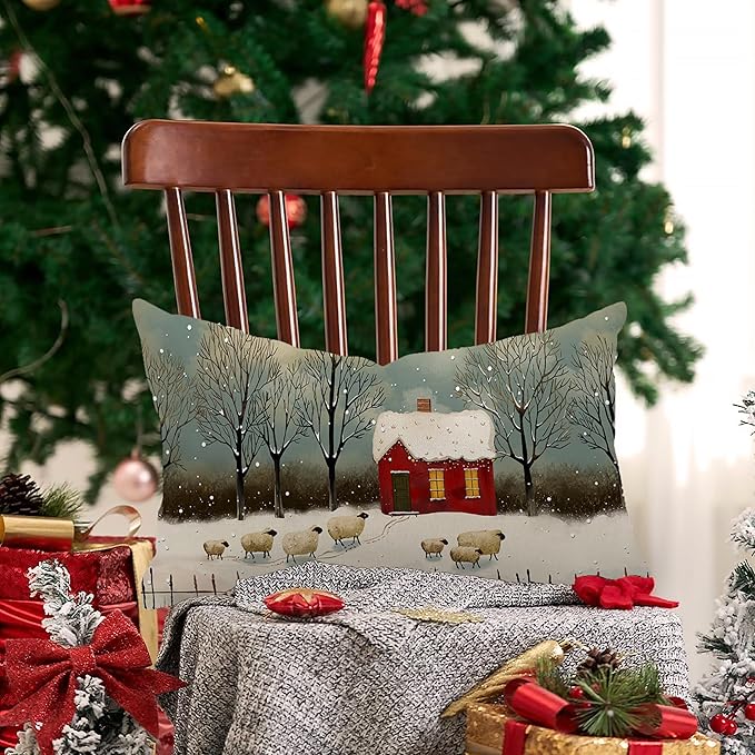 Christmas Sheep Pillow Cover 12x20 Inch Sheep Red Wonderland Forest Tree Decoration Holiday Farmhouse Pillow Case Decor for Home Sofa Couch