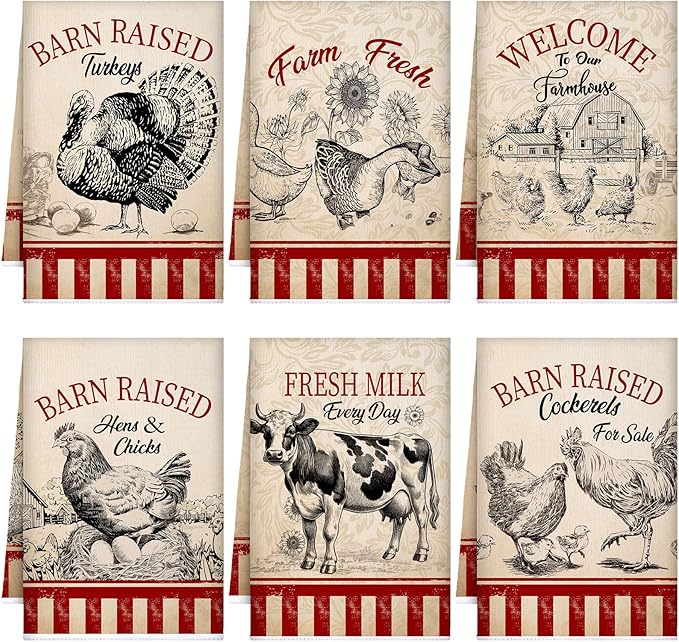 Bencailor 6 Pcs Farmhouse Kitchen Towels Chicken Rooster Kitchen Decor Farm Animal Hand Towels for Cooking Baking Housewarming Gift,15.75 x 23.62 inch(Red Black,Farmhouse)