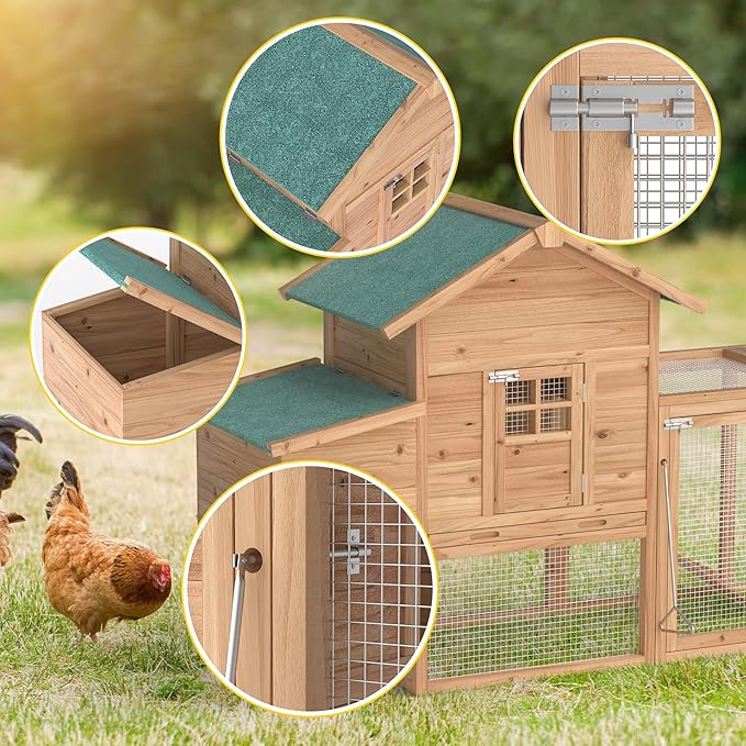 Outdoor Chicken Coop Wooden Hen House Poultry Pet Hutch Run Cage w/Waterproof Asphalt Roof, Ramp, Nesting Box, Wire Fence (120")