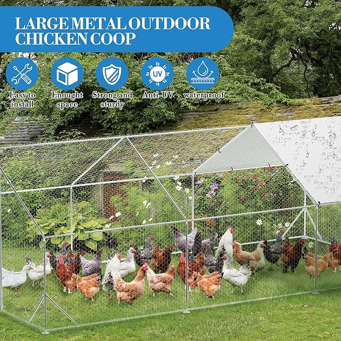 Large Metal Chicken Coop, Walk-In Poultry Cage, Chicken Run Pen House With Reinforcement & Waterproof & Anti-Ultraviolet Cover Chicken Coop Run With Double Lockable Doors for Outdoor 9.8 x 19.7X 6.6ft