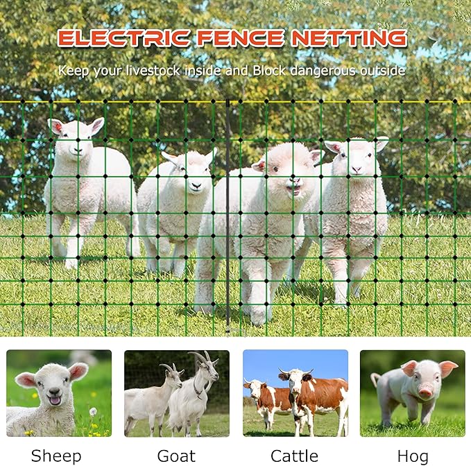 Electric Fence Net/Double Pointed Sheep Netting Fence with 3' Height x 164' Length, Green