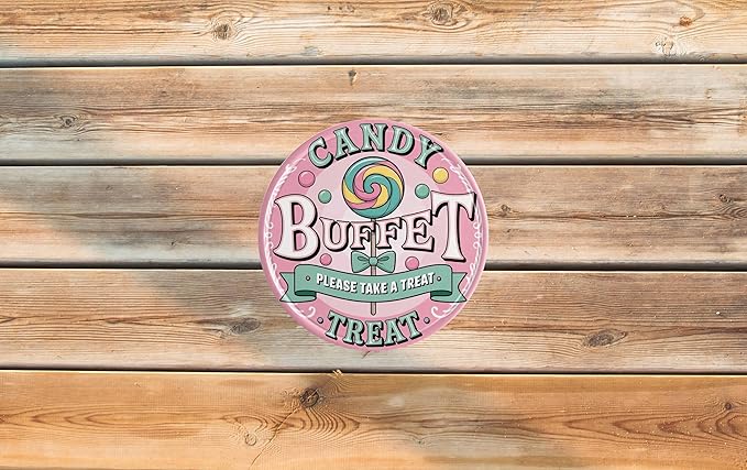 AWISZZZ Candy Buffet Treat Metal Sign 8x8in Round Sweet Plaque for Party Room Wall Dessert Table Gift