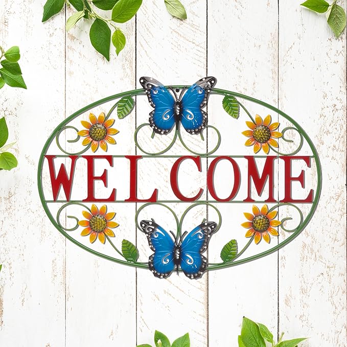 Glitzhome Metal Welcome Sign for Outdoor & Indoor - Rustic Farmhouse Wall Decor Sunflower & Butterfly Garden Art for Porch Patio Yard