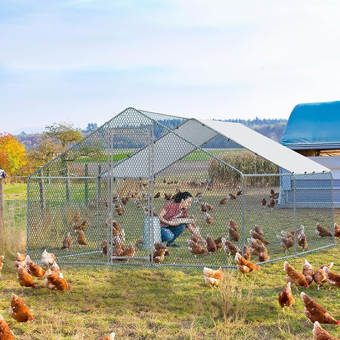 VINGLI Large Metal Chicken Coop for Chickens, Walk-in Chicken Run with Waterproof Anti-UV Cover, Heavy-Duty Chicken Pen with Security Lock for Outdoor Backyard Farm Use (13.1'Lx9.8'Wx6.5'H)