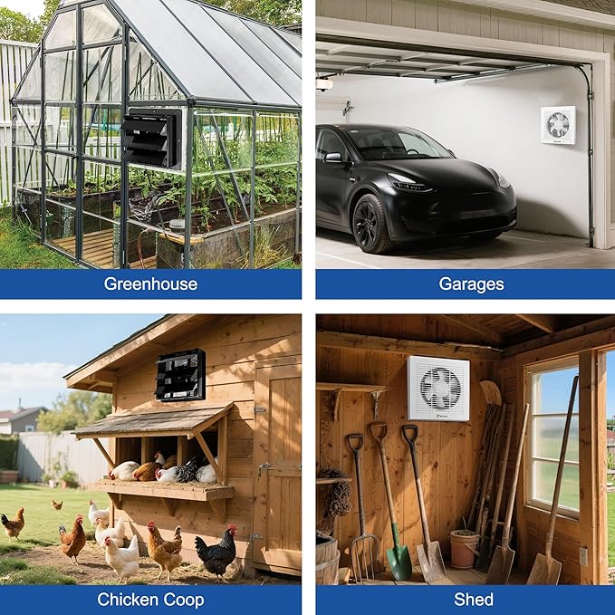 10" Solar Exhaust Fan with Battery and Adjustable Thermostat, Shutter Ventilation Fan for Greenhouse, Attic, Garage with 2PCS 15W Bifacial Solar Panels