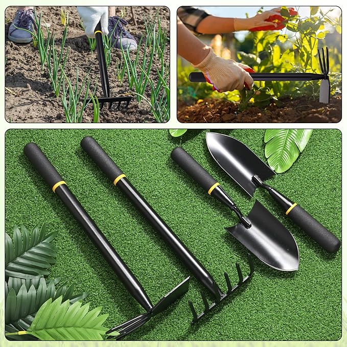 4 Pcs Garden Tool Set Gardening Trowel Transplanting Shovel Hand Cultivator Rake Hoe Tiller Tool Heavy Duty Stainless Steel for Outdoor Patio Use Gardening Cultivating Loosening Weeding