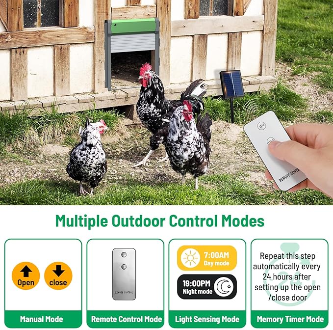 Automatic Chicken Coop Door, Solar Powered Door Opener with Timer & Light Sensor, 4 Modes IP65 External 2000mAh Power Supply Connection with Remote Control & Anti-Pinch Function for Family, Farms