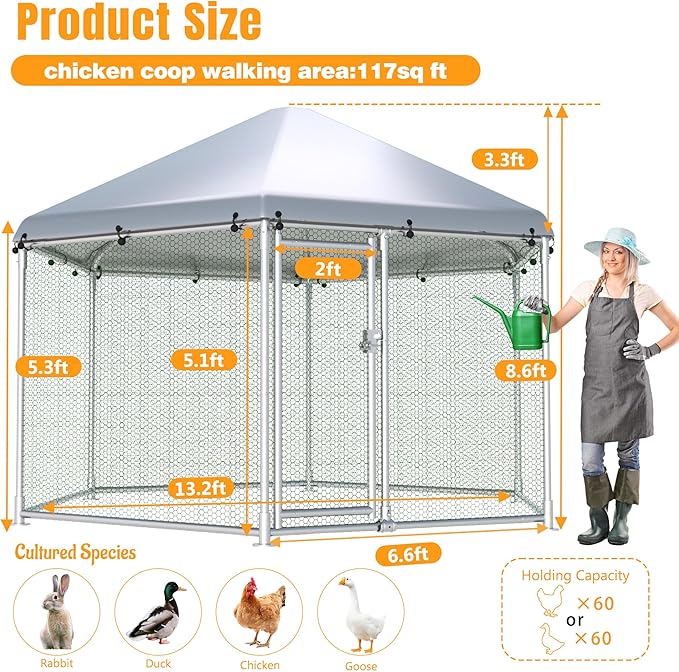 Large Metal Chicken Coop, Chicken Runs for Yard with Cover Walk-in Poultry Cage for 10 20 Chickens,Chicken Pen Duck Coop with Water-Resident Top and Feeding Door, Hexagon Hen House 13.2Lx11.4Wx8.6H FT