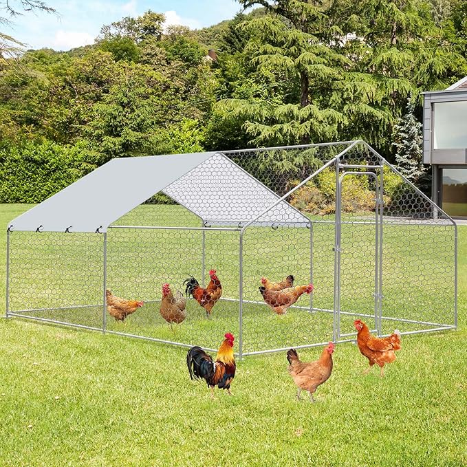 Large Metal Chicken Coop, Walk in Chicken Runs for Yards with Cover, Hen House Enclosure with Security Lock & Waterproof Cover, Outdoor Duck Rabbit Pens Chicken House, 13.1 x 9.8 x 6.5 ft