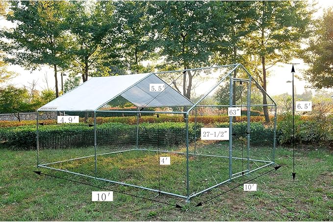 Large Metal Chicken Coop, Outdoor Metal Chicken Run with Waterproof and Anti-Ultraviolet Cover for 10-20 Chickens, Walk-in Poultry Cage for Chicken, Duck, Rabbit, Dog (9.84'×9.84'×6.46')
