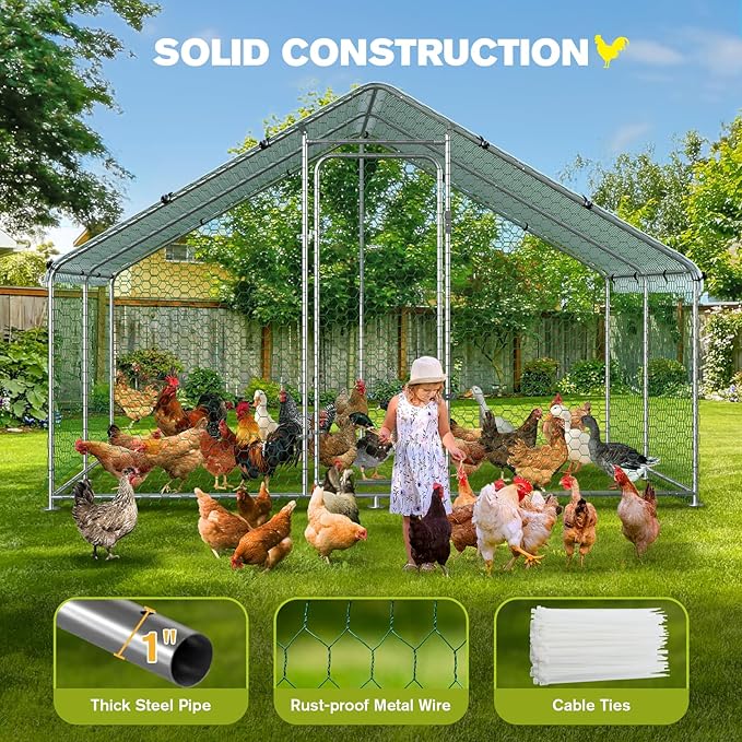 Large Metal Chicken Coop Walk-in Chicken Run with Waterproof Cover Outdoor Backyard Farm Anti-UV Spire Shaped Cage for Poultry, Ducks, and Rabbits(9.8' L x 6.5' W x 6.5' H)