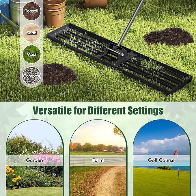 Happygrill Lawn Leveling Rake, Heavy Duty Lawn Level Tool for Soil w/67” Handle, Dirt Ground Leveler, Effort-Saving Landscape Rake for Garden, Backyard, Golf Course, Farm, Pasture (46" x 10", Black)