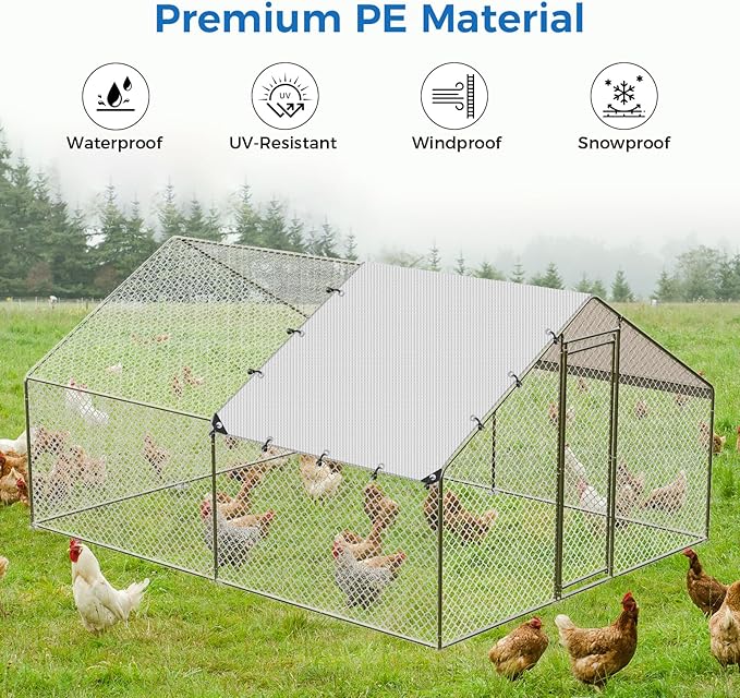 11.48 x 6.23 FT Chicken Coop Cover Waterproof, All-Weather PE Shade, Waterproof UV Resistant Chicken Coop Tarp, Chicken Run Cover for Winter with 20 Ball Bungees, for Large Chicken Pens