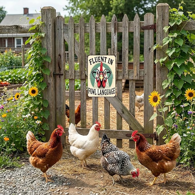 Funnysign Chicken Gifts Vintage Chicken Fluent In Fowl Languages Tin Sign for Chicken Coop Farm Kitchen Garden Yard Decor 8x12 inch(3917)