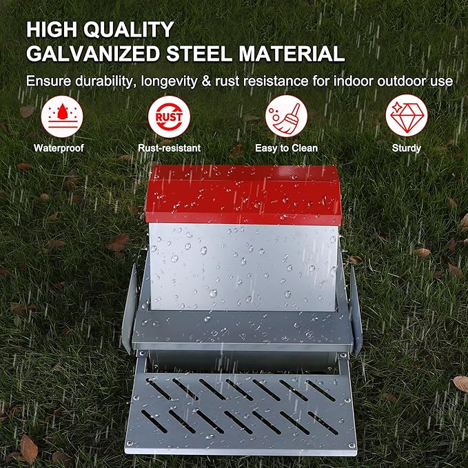 25lbs Automatic Chicken Feeder-Metal Treadle Poultry Feeder, No Waste Rat Proof Chicken Feeder with Sturdy Galvanized Steel Build and Weatherproof Locking Lid for Duck, Fowl, Pheasant Outdoor