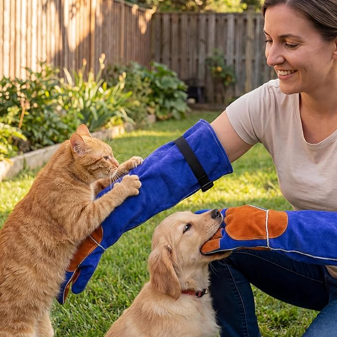 Leather Welding Sleeves,Work Gloves with Palm Reinforcements,Bite Proof for Animal Handling