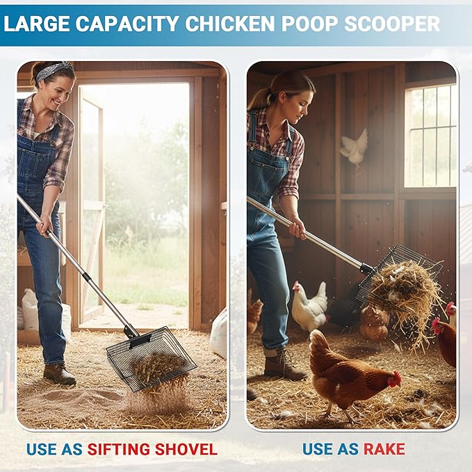 Chicken Poop Scooper, Litter Coop Scoop Rake Sand Sifting Shovel with Adjustable Long Handle (37" to 78"), Cleaning Tools Accessories for Chicken Coops & Farm Animals