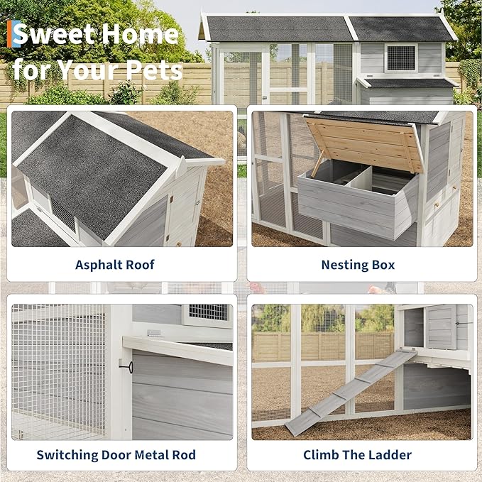 GarveeHome Chicken Coop Large Hen House for 4-6 Chickens Wooden Poultry Cage with Run, Ramp, Nesting Box, Wire Fence, Waterproof Asphalt Roof (80" x 35" x 54") Grey