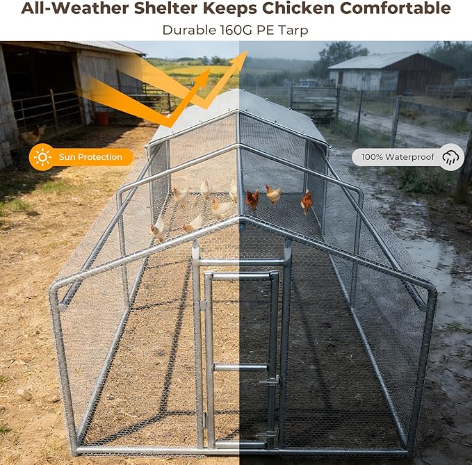 Large Metal Chicken Coop, Chicken Run for 20-30 Chickens, Heavy Duty Walk-in Poultry Cage with Waterproof Anti-UV PE Cover for Ducks Rabbits Geese, 19.5x9.7x6.4ft