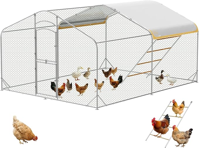 Large Metal Chicken Coop with Run, 12.6FT Walk-in Chicken Run for Yard with Waterproof & Anti-UV Cover, Spire Roof Outdoor Poultry Cage for Chickens Ducks Rabbits Backyard Farm with Ladder